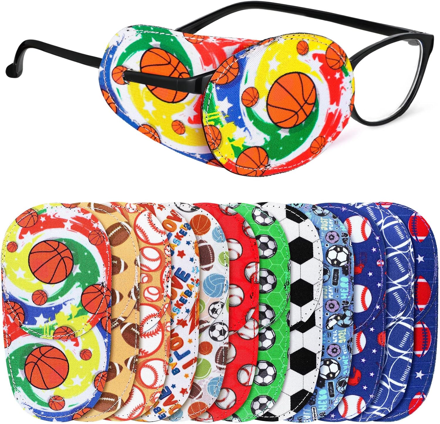 Newcotte 12 Pcs Eye Patch for Kids Toddler Reusable Adjustable Girls Boys Eyepatch for Glasses Left or Right Eye Patch, Assorted Patterns(Sports)