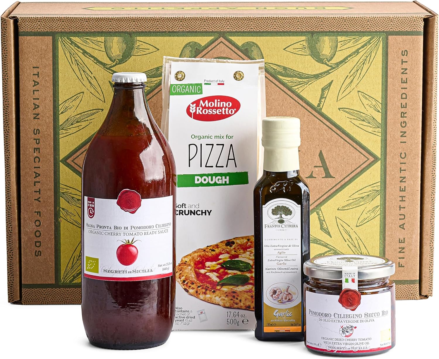 Mercato di Bellina Organic Pizza Kit Gift Basket - Authentic Homemade Pizza Making Kit for Home Chefs, Italian Gift Basket Includes Organic Crust Mix, Sauce, Garlic EVOO & Sun-Dried Tomatoes