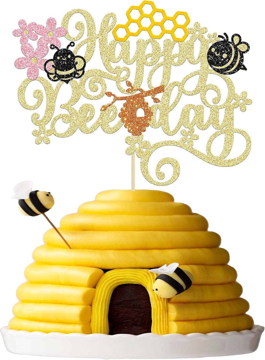 Gyufise 1Pcs Happy Bee Day Cake Topper Glitter Honeycomb Flower Bumble Bee Theme Cake Pick Baby Shower Bee Cake Decoration for Gender Reveal Baby Shower Kids Boys Girls Birthday Party Supplies Gold
