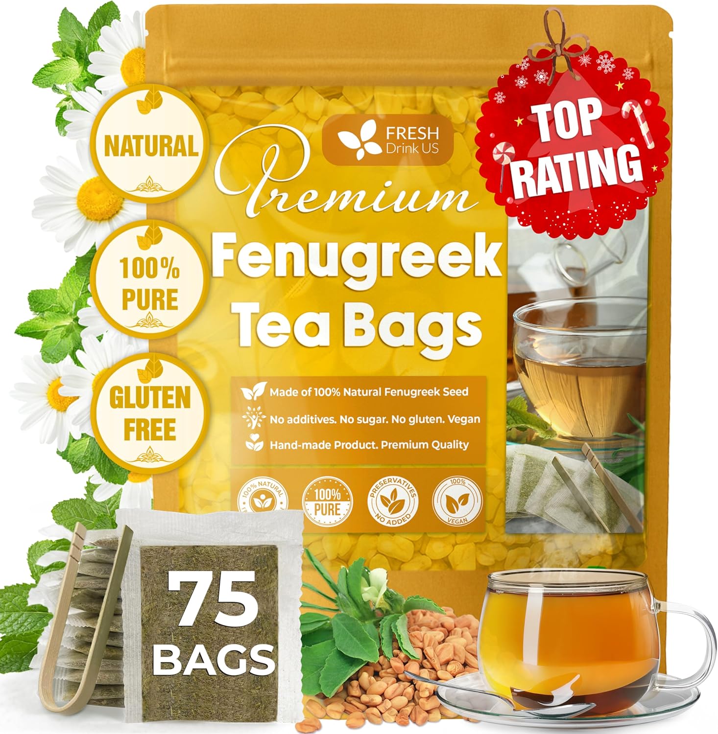 FreshDrinkUS, Premium 75 Fenugreek Tea Bags, 100% Natural & Pure from Fenugreek. Fenugreek Herbal Tea. Made with Natural Material Tea Bags. No Sugar, No Caffeine, No Gluten, Vegan.