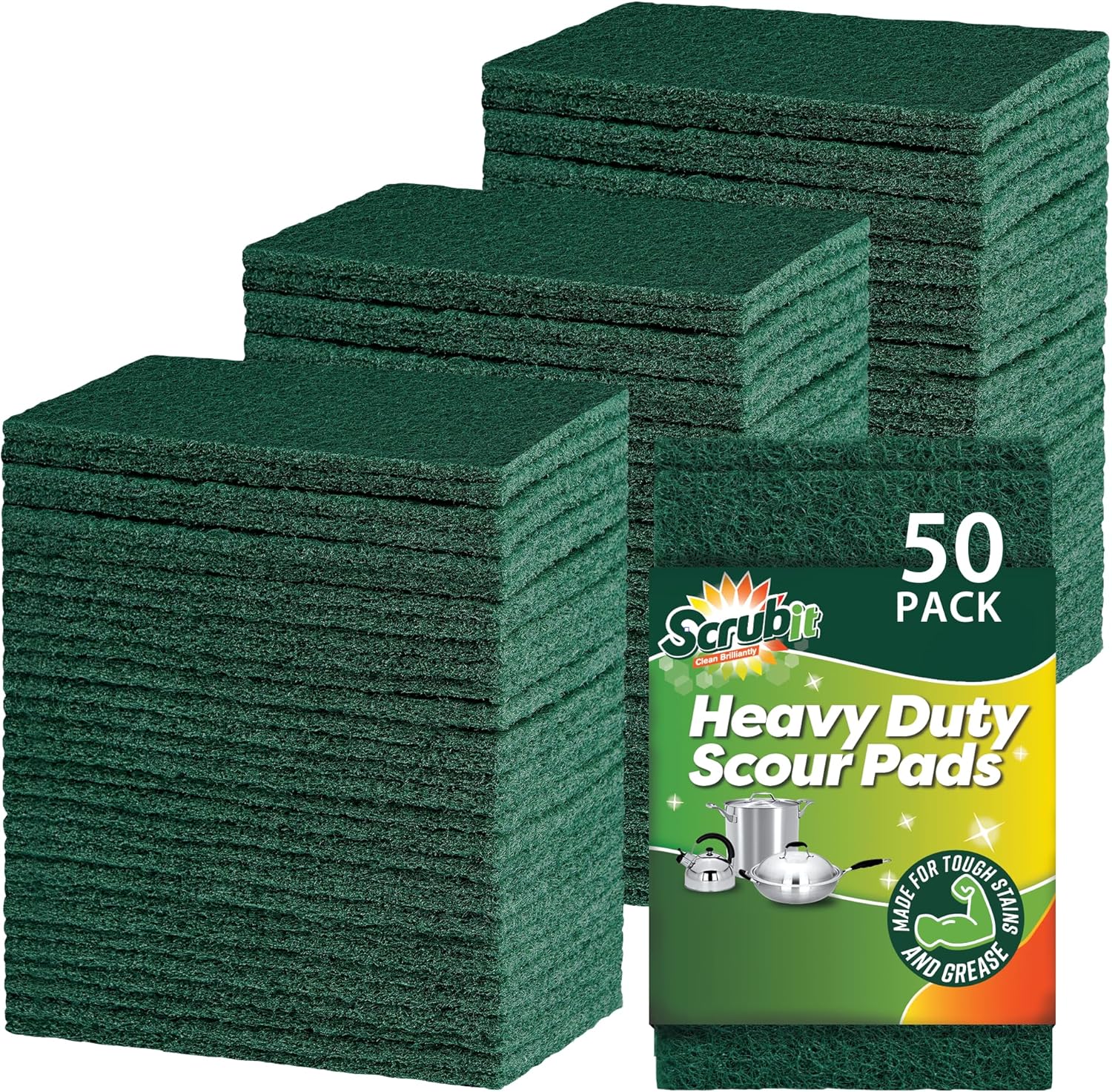SCRUBIT Scouring Pads - Heavy Duty Scrub Pads for Cleaning Dishes - Non-Scratch - Reusable - Green (50, Green)