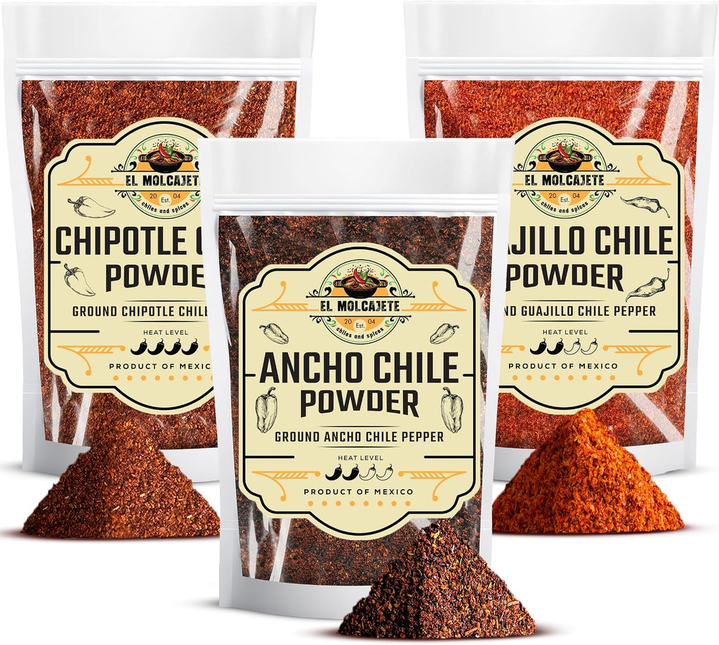 Chile Powder Ancho, Guajillo, Chipotle Variety Pack (4oz Each) – Dry Chili Pepper Powders for Traditional Mexican Cooking, Bold Flavors for Sauces, Marinades and Rubs By El Molcajete