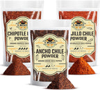 Chile Powder Ancho, Guajillo, Chipotle Variety Pack (4oz Each) – Dry Chili Pepper Powders for Traditional Mexican Cooking, Bold Flavors for Sauces, Marinades and Rubs By El Molcajete