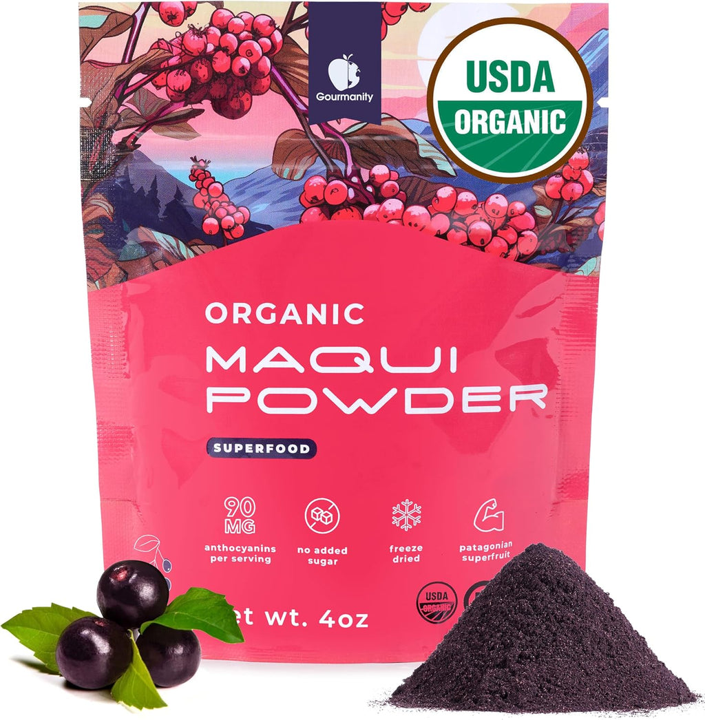 Gourmanity Organic Maqui Berry Powder, Freeze-Dried Chilean Superfood Powder, Rich in Antioxidants and Nutrients, Bold & Tangy Berry Taste, Kosher, Halal, 4 Oz