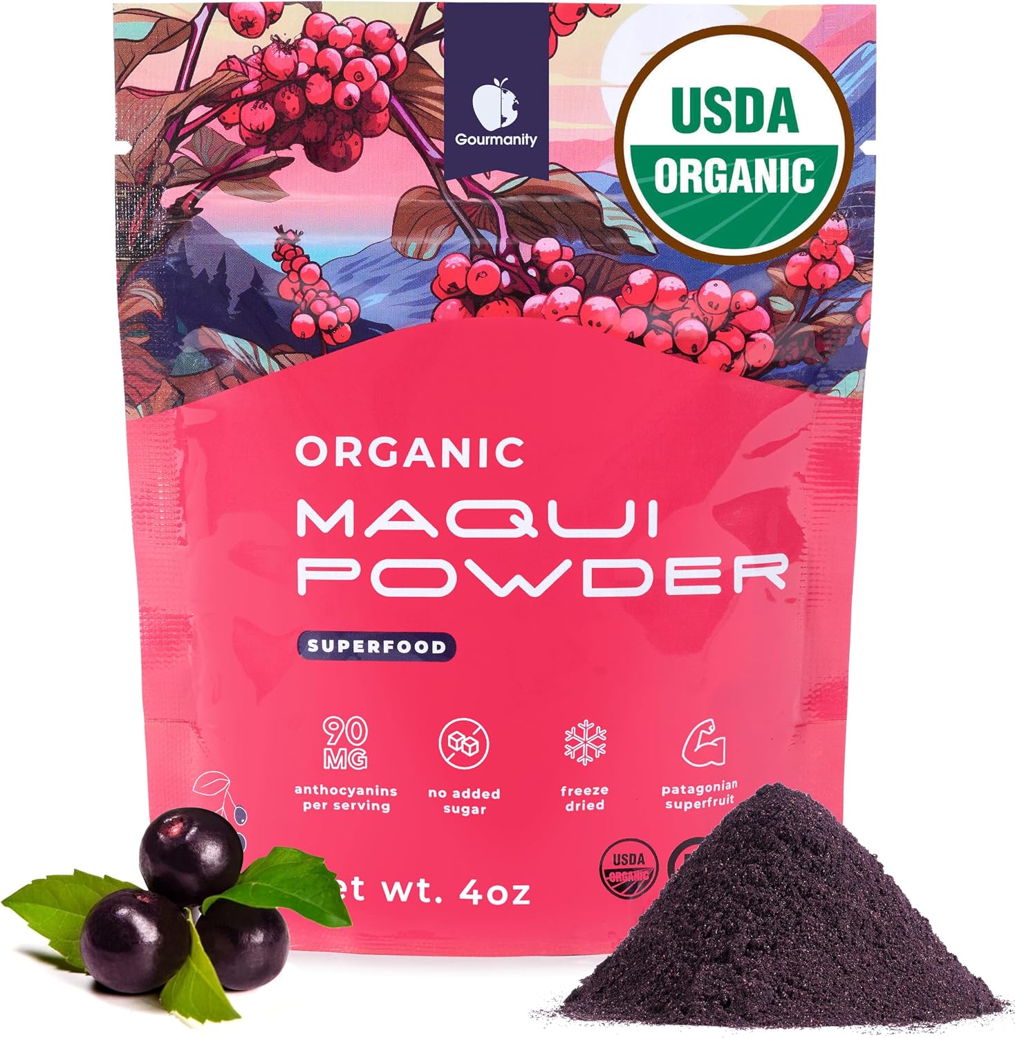 Gourmanity Organic Maqui Berry Powder, Freeze-Dried Chilean Superfood Powder, Rich in Antioxidants and Nutrients, Bold & Tangy Berry Taste, Kosher, Halal, 4 Oz