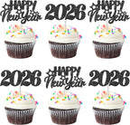 24pcs Black Glitter Number 2026 Happy New Year Theme Cupcake Toppers New Years Eve Party Decorations for Hello 2026 Winter Festival Holiday Party Supplies