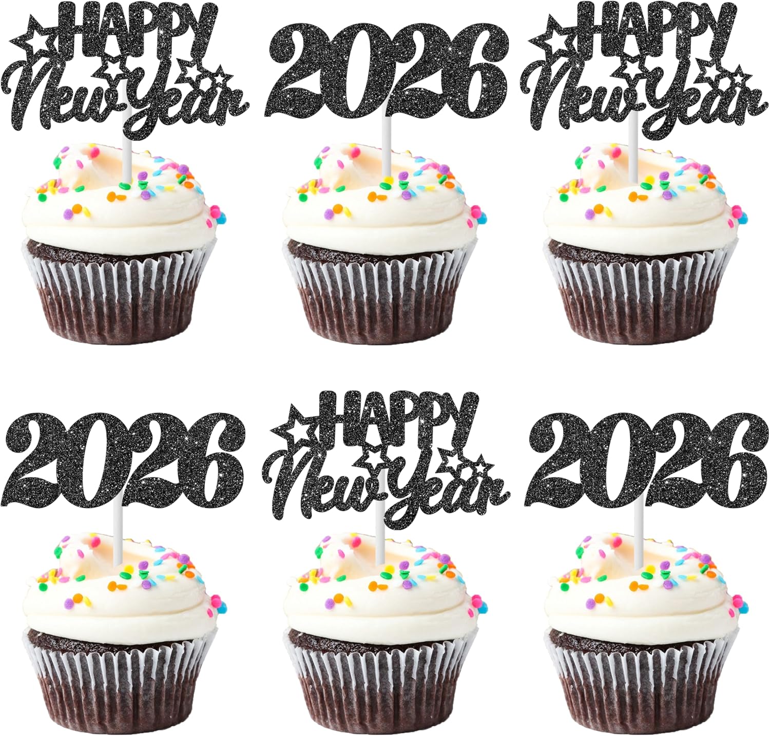 24pcs Black Glitter Number 2026 Happy New Year Theme Cupcake Toppers New Years Eve Party Decorations for Hello 2026 Winter Festival Holiday Party Supplies