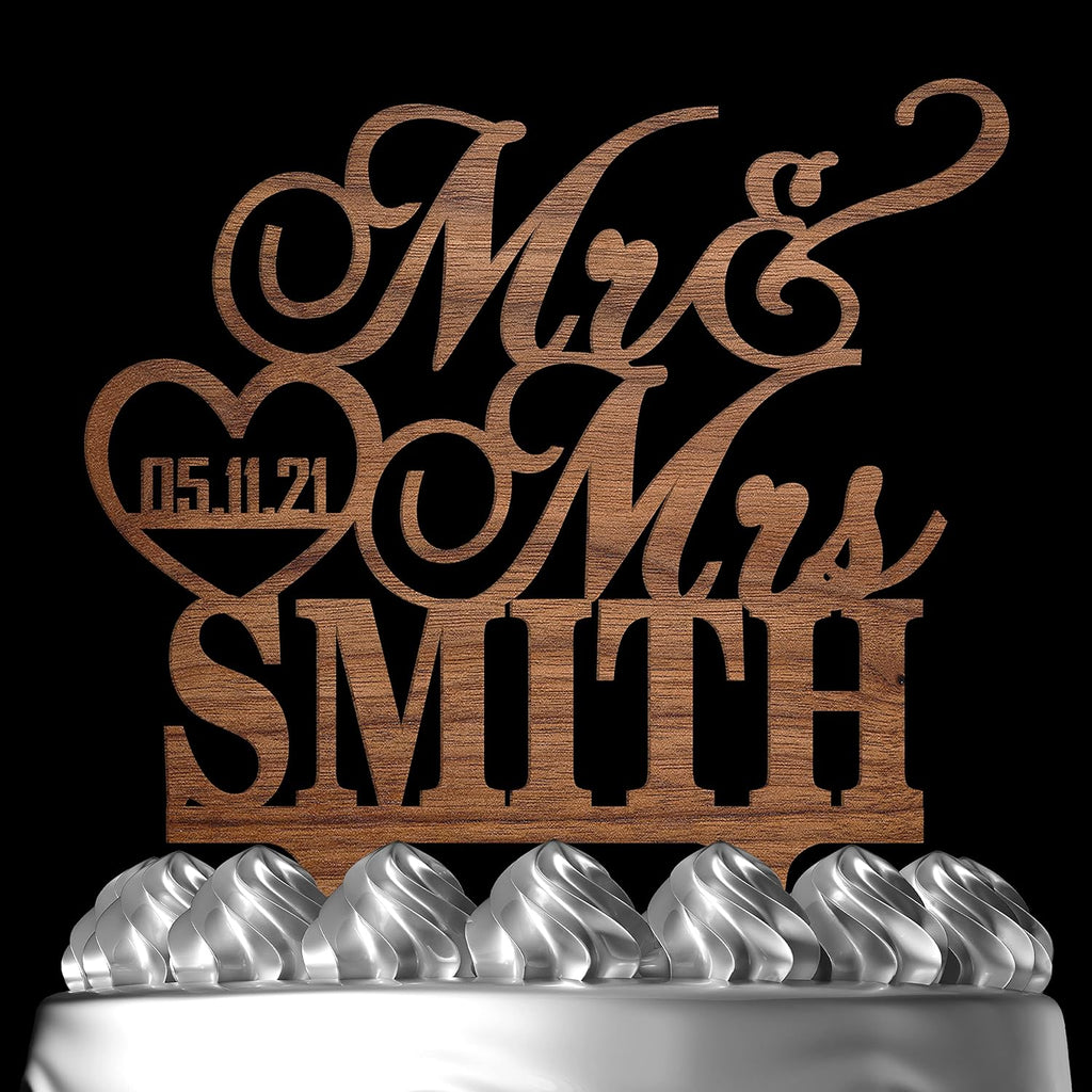 Personalized Mr & Mrs Heart Cake Topper - Customized Wedding Date & Last Name for Bride & Groom | Wood Party Decor for Engagement & Wedding