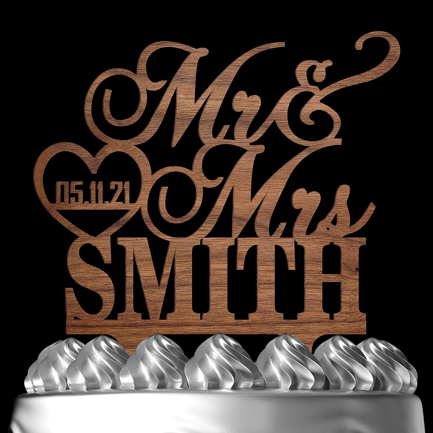 Personalized Mr & Mrs Heart Cake Topper - Customized Wedding Date & Last Name for Bride & Groom | Wood Party Decor for Engagement & Wedding