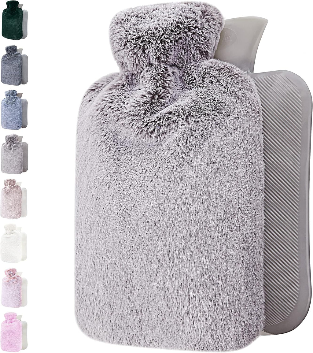 Hot Water Bottle - with Soft Premium Fleece Cover - Light Gray, 2L - Heating Pad for Menstrual Cramps and Period Comfort - Bed Foot Warmer - Hot & Cold Compress for Back, Stomach, Neck Pain Relief
