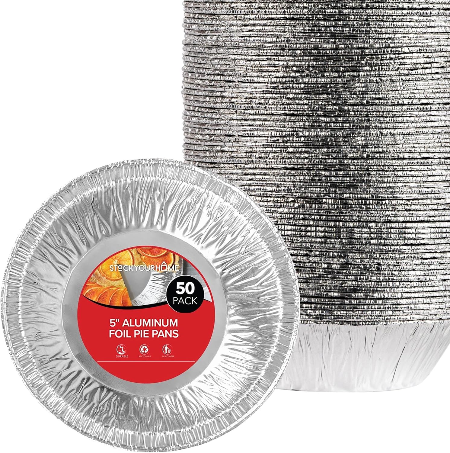 Stock Your Home 5 Inch Aluminum Foil Pie Pans (50 Count) - Disposable & Recyclable Mini Pie Pans - Foil Pie Tin for Bakeries, Cafes, Restaurants - Durable Mini Foil Pans for Pies, Fruit Tarts, Quiche