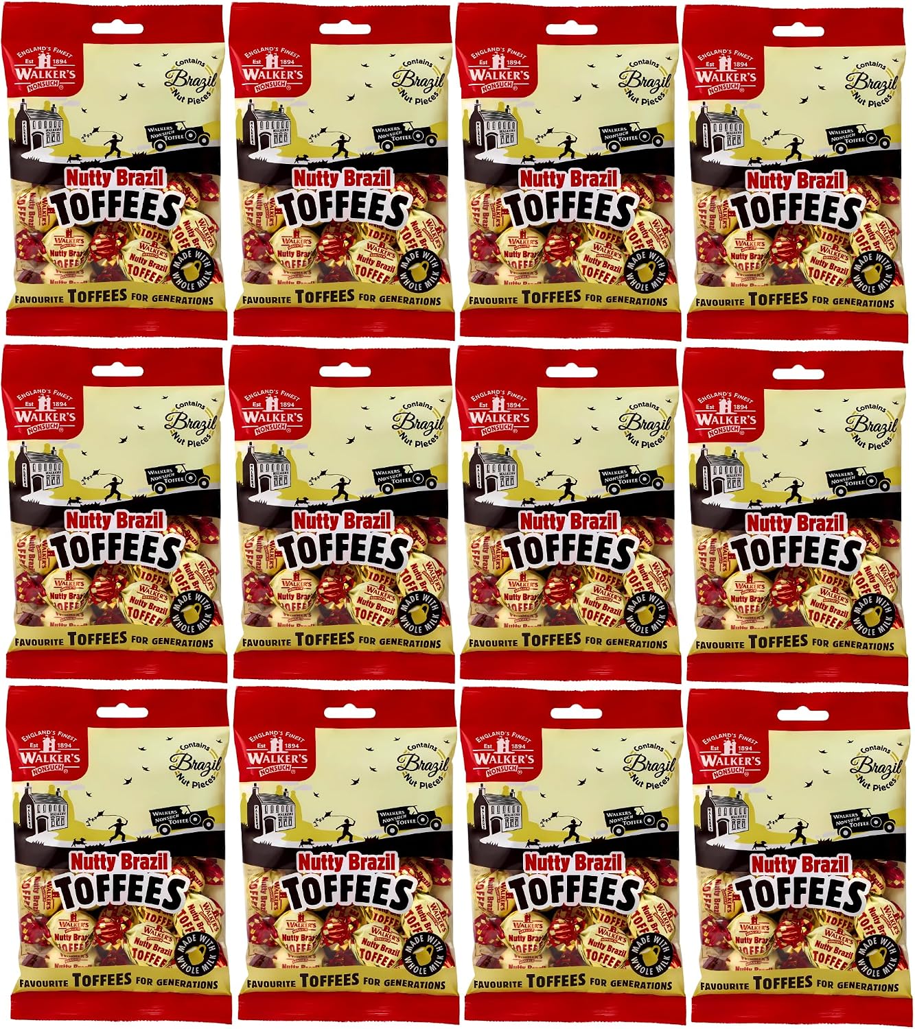 Walkers Nonsuch Nutty Brazil Toffees Bag 5.29 Oz (Pack of 12) – British Candy with Brazil Nuts, Individually Wrapped Butter Toffee Candy, English Toffee Sweets & Gourmet Food Gifts from UK