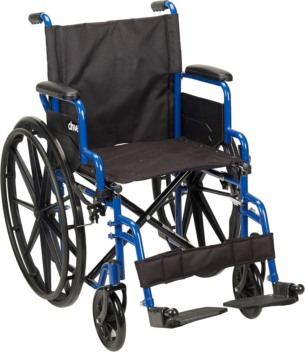 Drive Medical Blue Streak Lightweight Wheelchair - Portable Folding Mobility Aid - Swing-Away Footrests - Desk Arms - Durable Steel Frame - Easy Transport & Storage - 16-Inch Seat