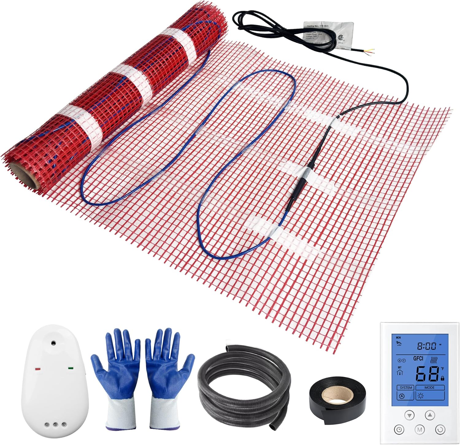 Electric Radiant Floor Heating System, 100 Sq.ft Electric Heated Floor Mats for Bathroom, Includes Programmable Thermostat, Heat Mat, Installation Monitor, and Temperature Sensors