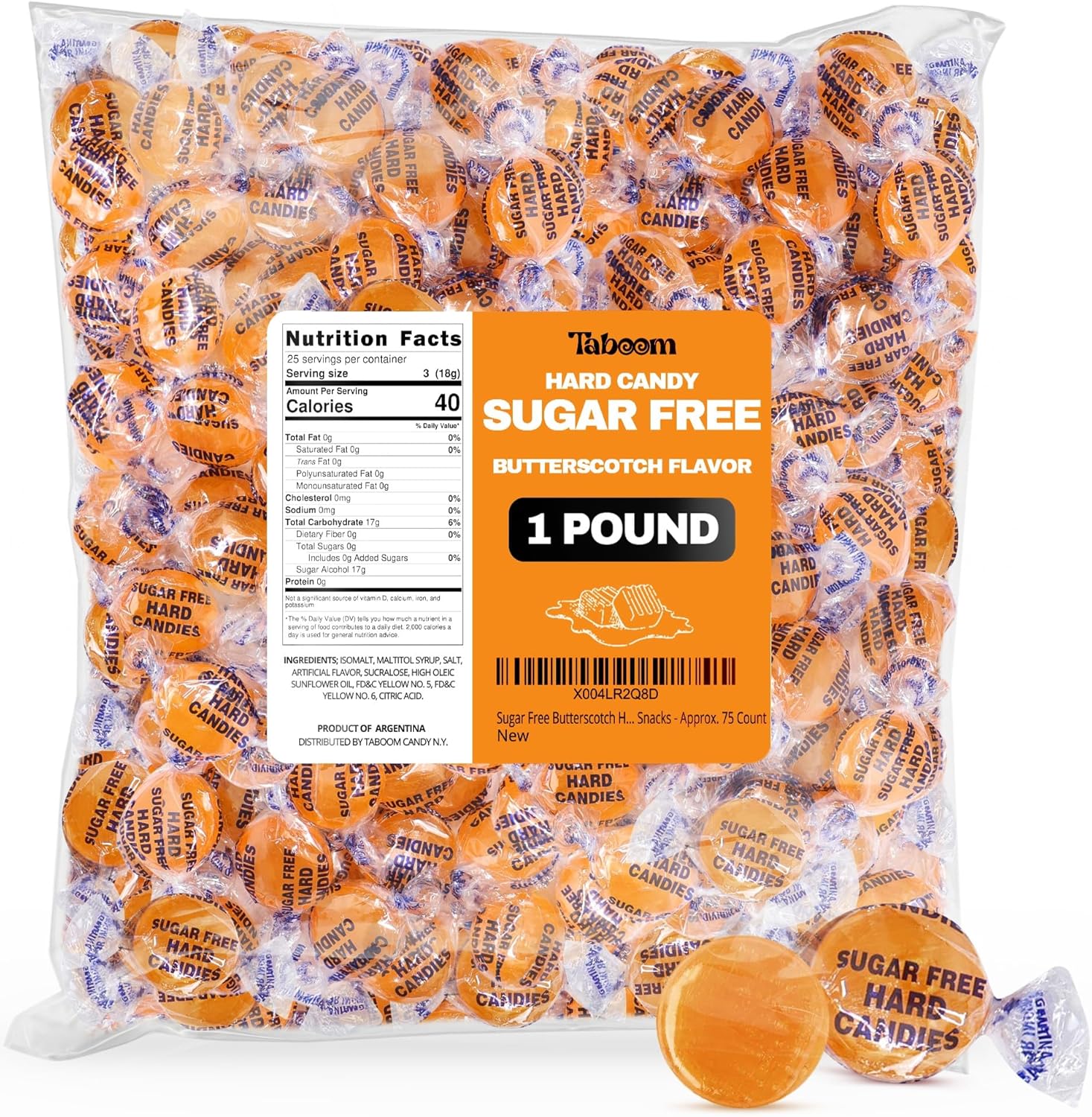 Sugar Free Butterscotch Hard Candy Bulk Bag Holiday Candies - 1 Pound Approx. 75 Individually Wrapped Butter Scotch Flavored Sugar Free Candy For Treats & Snacks - Taboom Candy