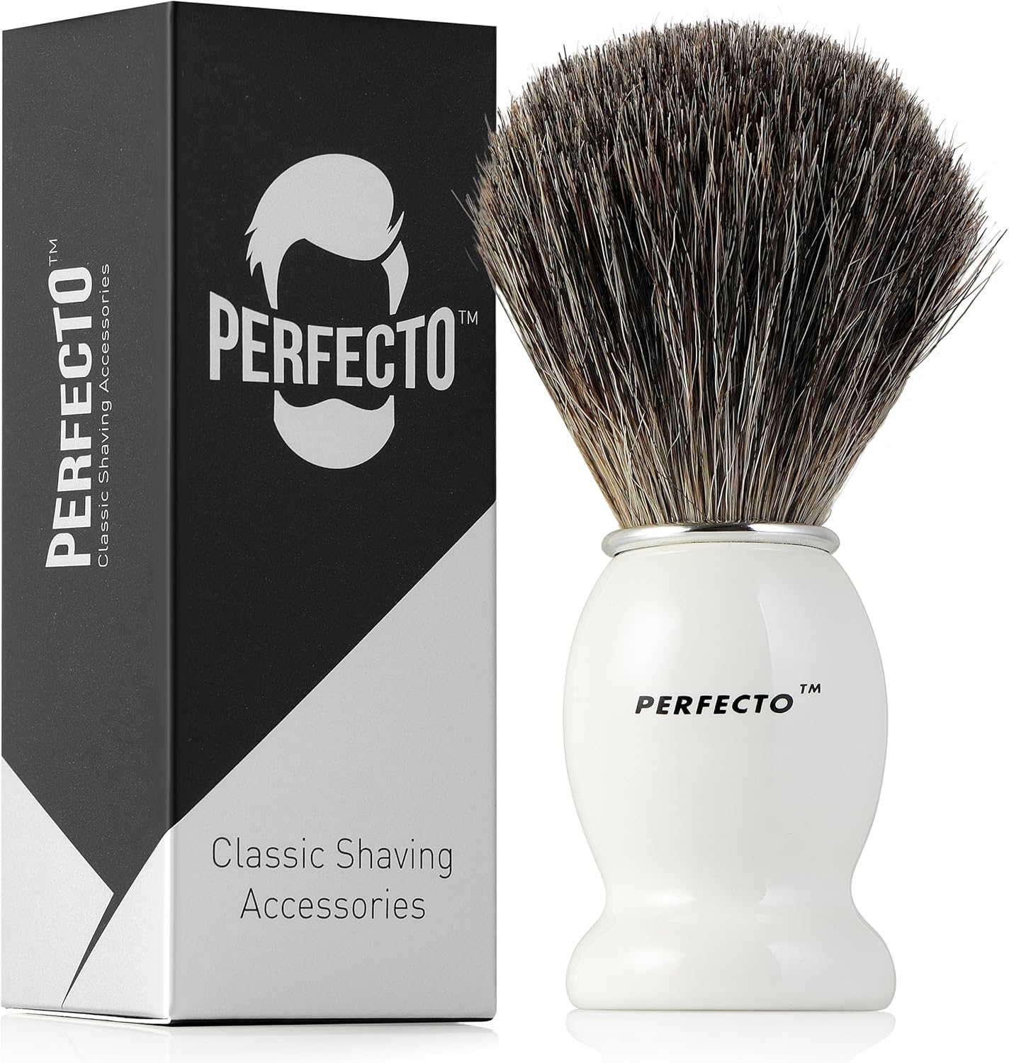 Perfecto 100% Pure Badger Shaving Brush-White Handle, Gift for Dad, Engineered for the Best Shave of Your Life. For Fathers Day Gift, Safety Razor, Double Edge Razor, Straight Razor, Shaving Razor