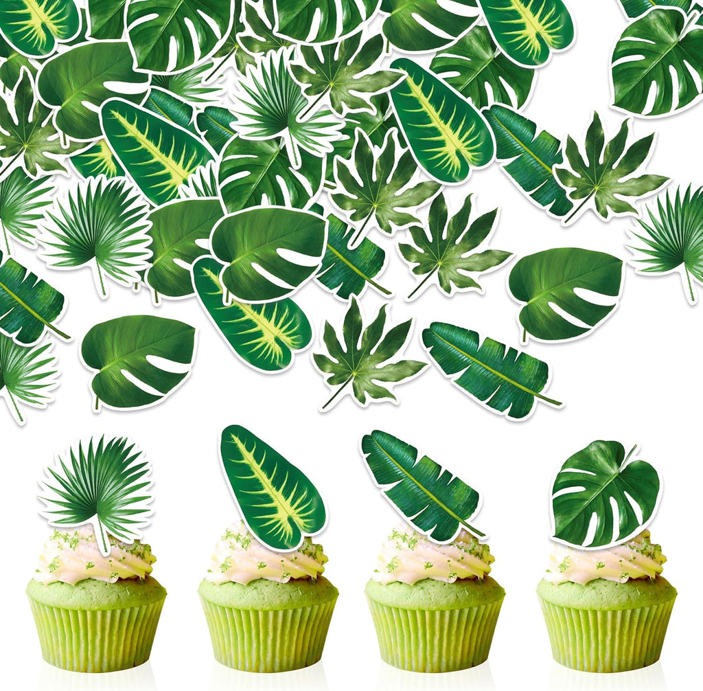 48pcs Edible Tropical Turtle Leaves Cupcake Toppers Wafer Paper Tropical Palm Leaves Cake Toppers For Hawaii Theme Jungle Party Cake Toppers Birthday Party Supplies