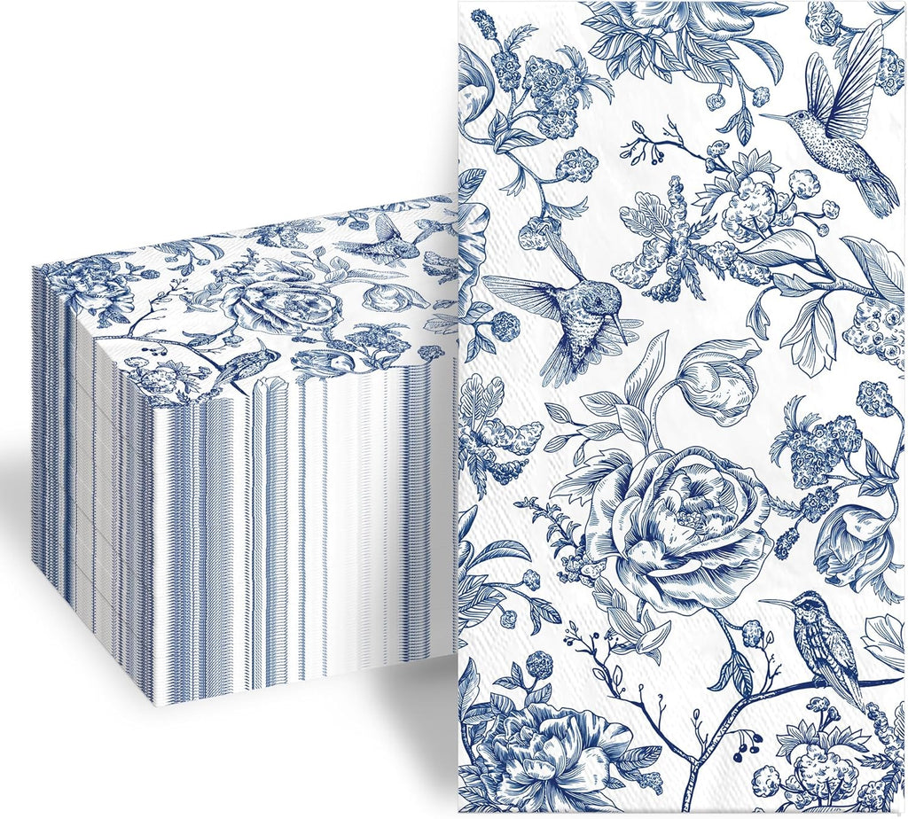 100Pcs Blue Floral Paper Napkins 3 Ply Disposable Cocktail Napkins Hummingbird Hand Towels for Bathroom Wedding Bridal Tea Party Supplies