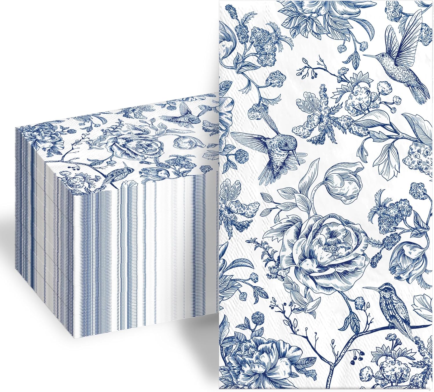 100Pcs Blue Floral Paper Napkins 3 Ply Disposable Cocktail Napkins Hummingbird Hand Towels for Bathroom Wedding Bridal Tea Party Supplies
