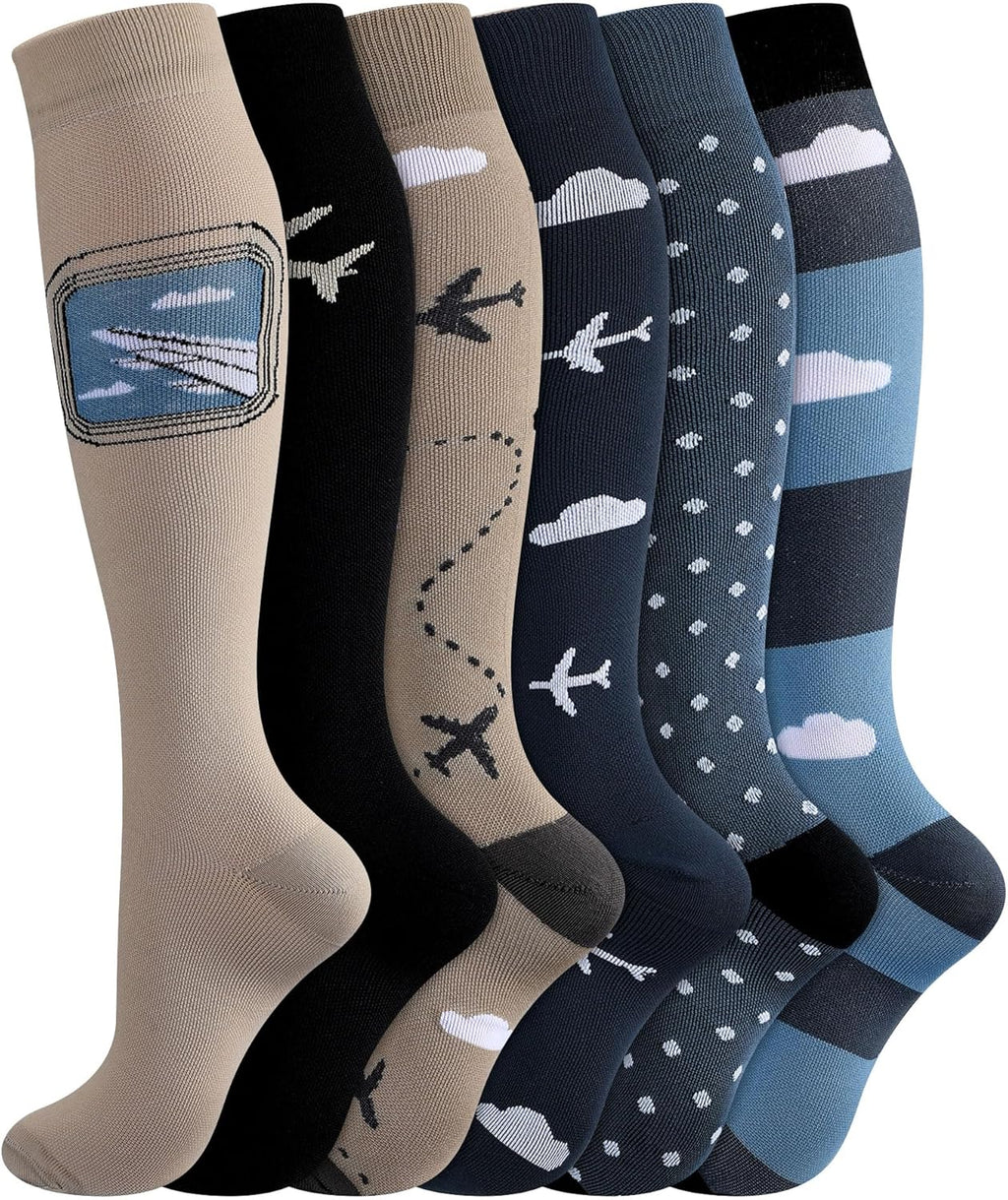 6 Pairs Travel Compression Socks for Men 15-25 mmHg Graduated Knee High Compression Socks for Pilot Flying Travel