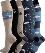6 Pairs Travel Compression Socks for Men 15-25 mmHg Graduated Knee High Compression Socks for Pilot Flying Travel