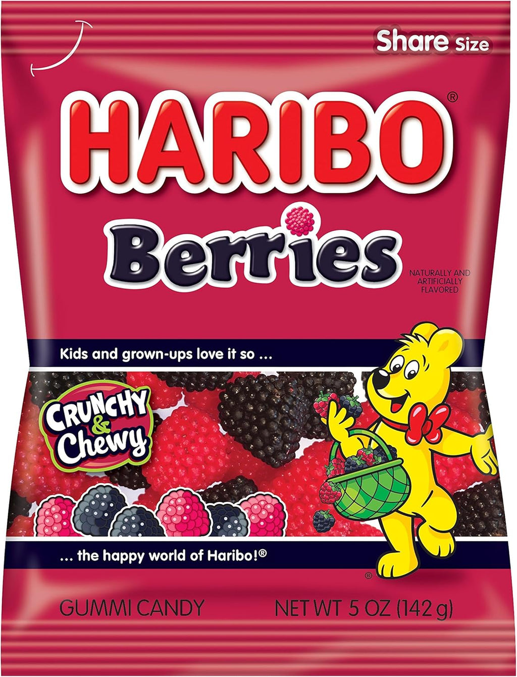 HARIBO Gummi Candy, Berries Gummy Candy, 5 Ounce Share Size Bags (Pack of 12) Delicious Soft & Crunchy, Chewy Sweet Snacks, Red & Black Berry Fruit Flavor