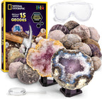 National Geographic Break Open 15 Premium Geodes Science Kit - Includes Goggles & 3 Display Stands - Great STEM Science Kit, Geology Gift for Kids, Break Your Own Geodes with Crystals
