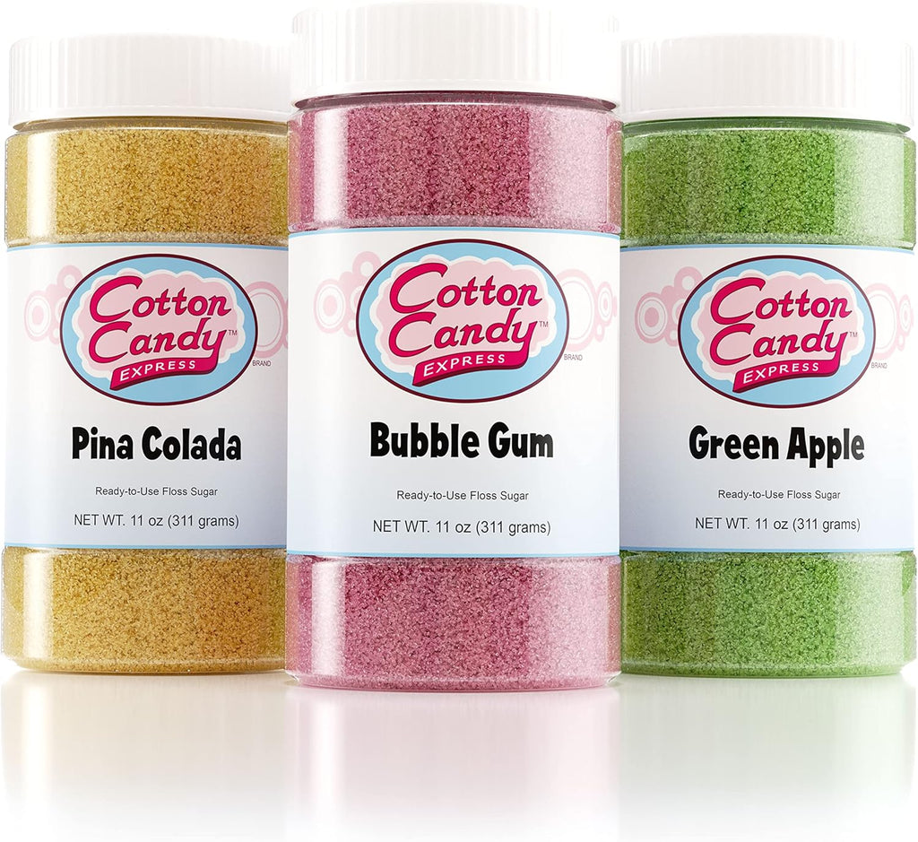 Cotton Candy Express Floss Sugar Variety Pack with 3 - 11oz Plastic Jars of Bubble Gum, Green Apple, Pina Colada Flossing Sugars. Use With Cotton Candy Express Countertop Machine