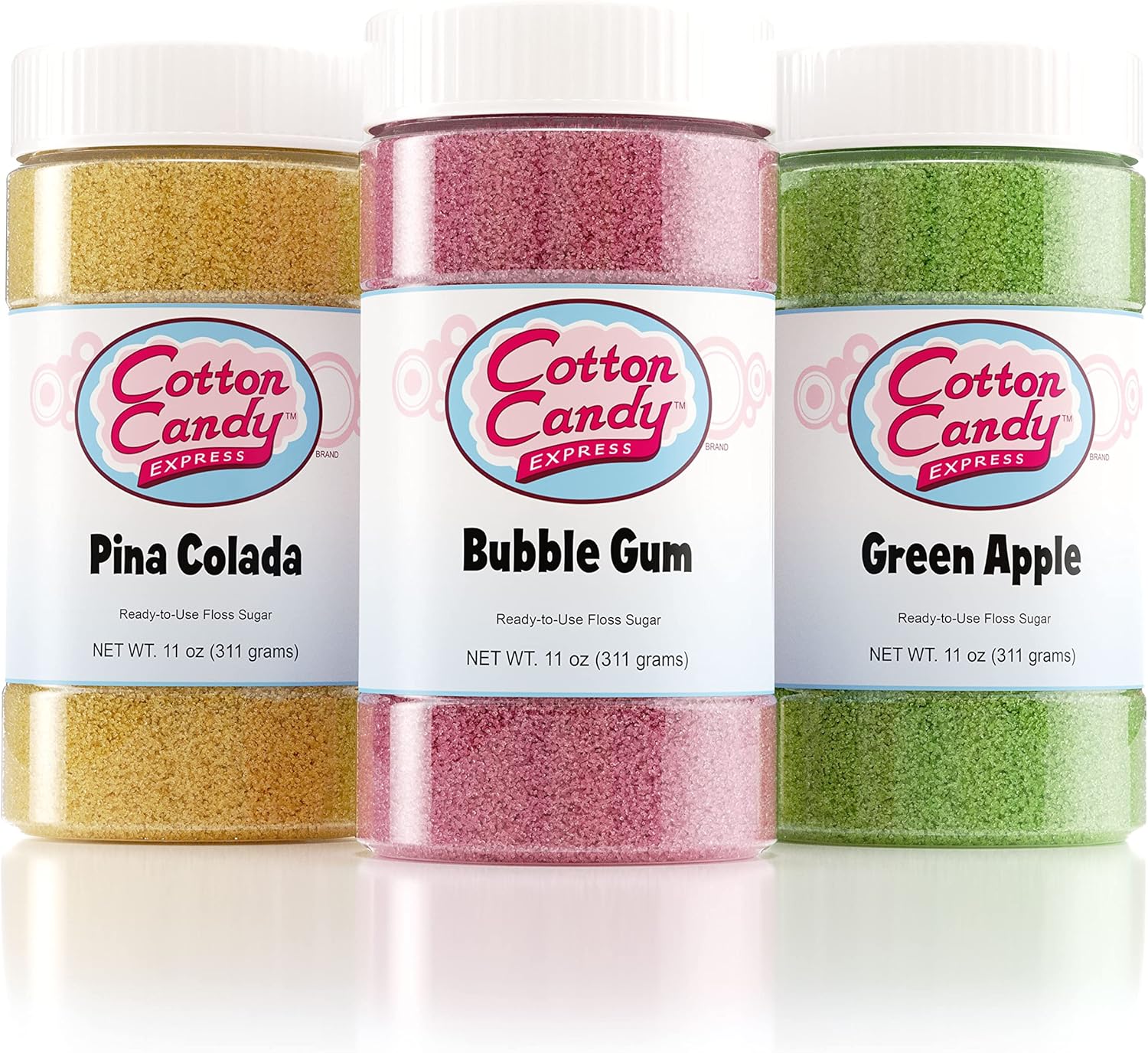 Cotton Candy Express Floss Sugar Variety Pack with 3 - 11oz Plastic Jars of Bubble Gum, Green Apple, Pina Colada Flossing Sugars. Use With Cotton Candy Express Countertop Machine
