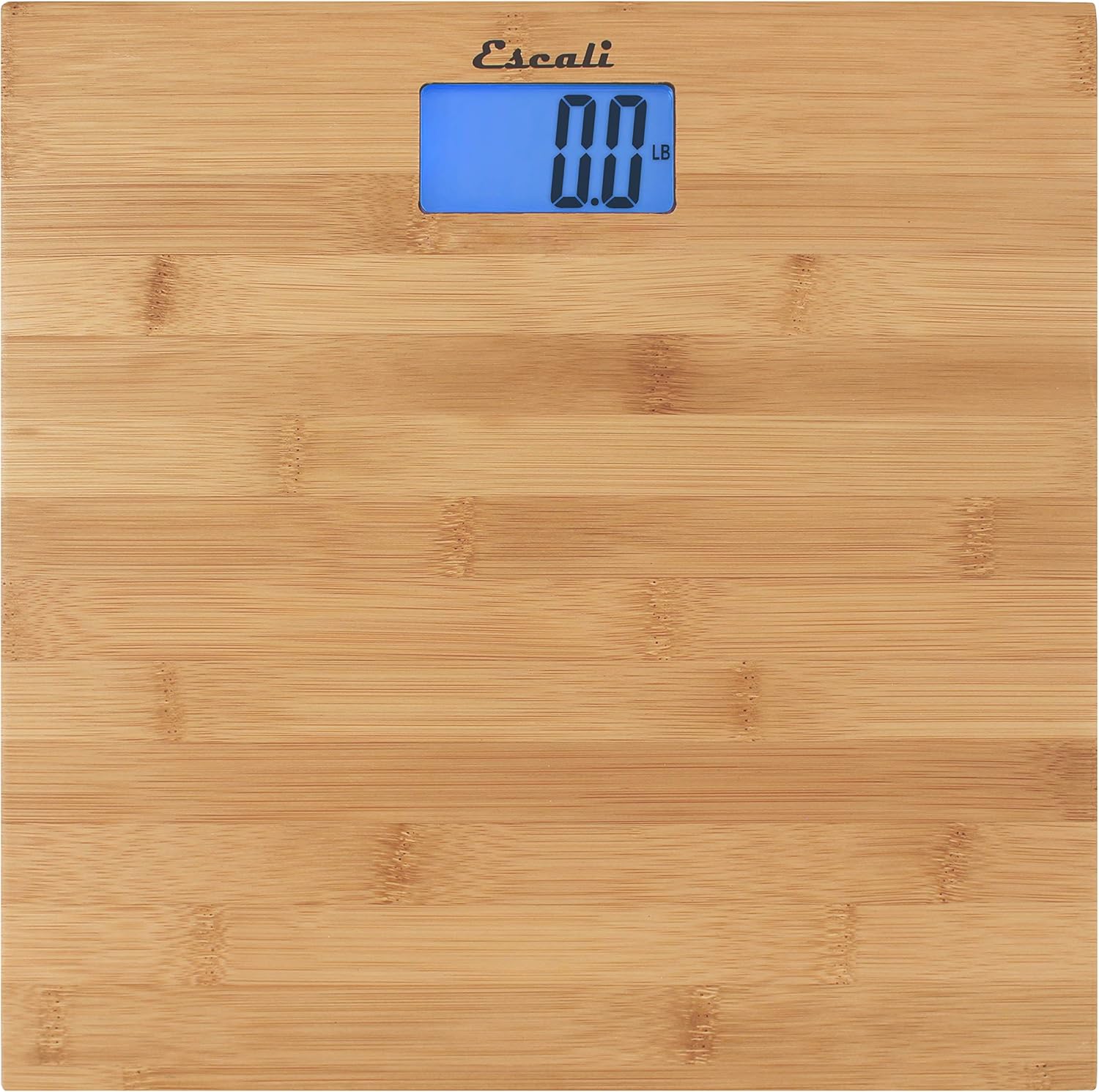 Escali Bamboo Digital Electronic Bathroom Scale for Body Weight, Bath Scale with Extra-High Capacity of 440 lb, Batteries Included