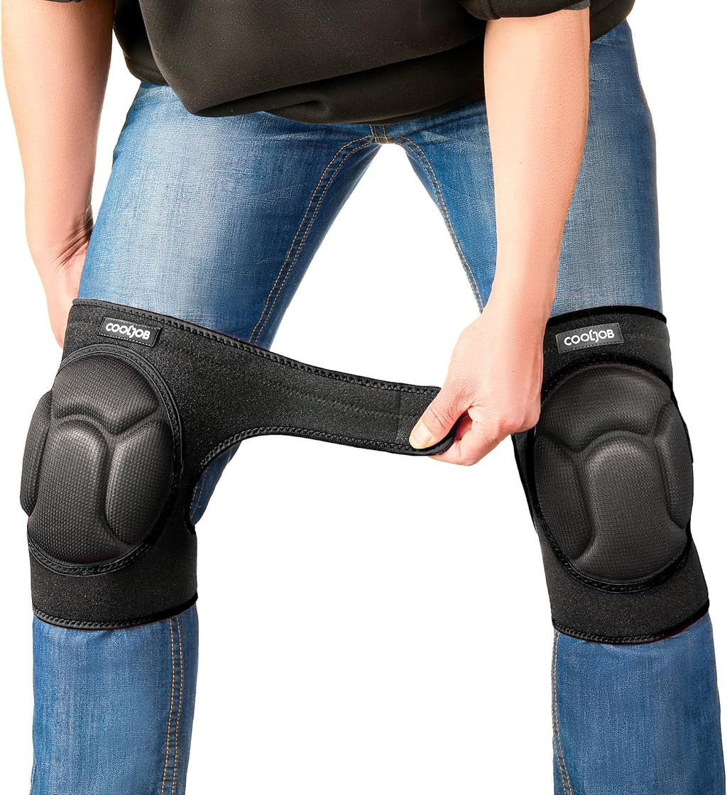 COOLJOB Men Women Knee Pads for Gardening House Working, Floor Cleaning and Construction, Durable Breathable Kneeling Cushion with Thick EVA Foam Padding and Adjustable Non-Slip Straps 1 Pair Black