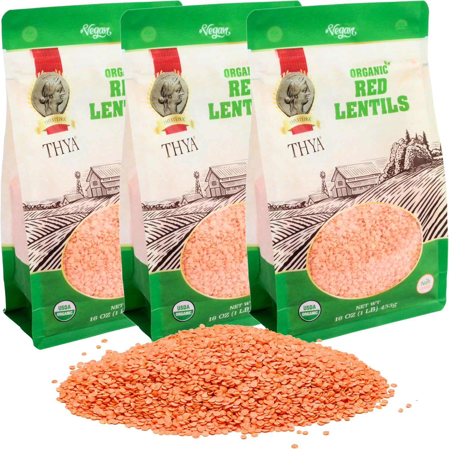THYA Organic Red Split Lentils, 3 LB (3 x 1 LB Packs)