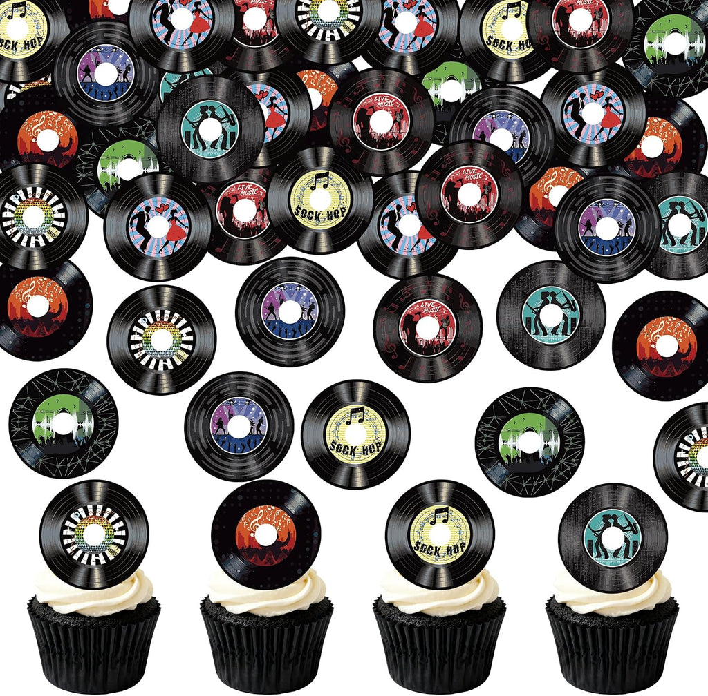 48PCS Edible Vinyl Record Cupcake Toppers Record CD Cupcake Music Lover's Birthday Cake Drink Topper Decorations Rock and Rock and Roll Music Cake Decorations