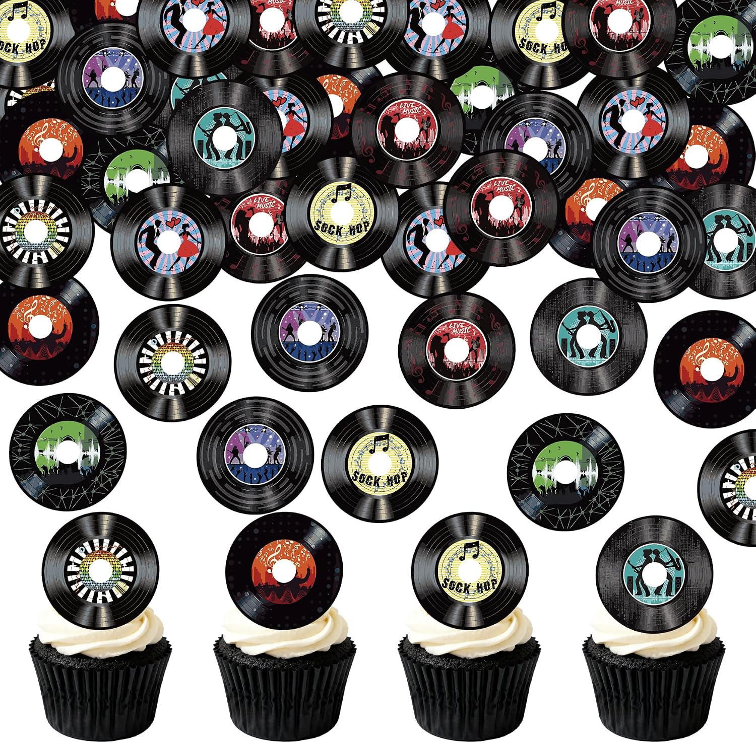 48PCS Edible Vinyl Record Cupcake Toppers Record CD Cupcake Music Lover's Birthday Cake Drink Topper Decorations Rock and Rock and Roll Music Cake Decorations