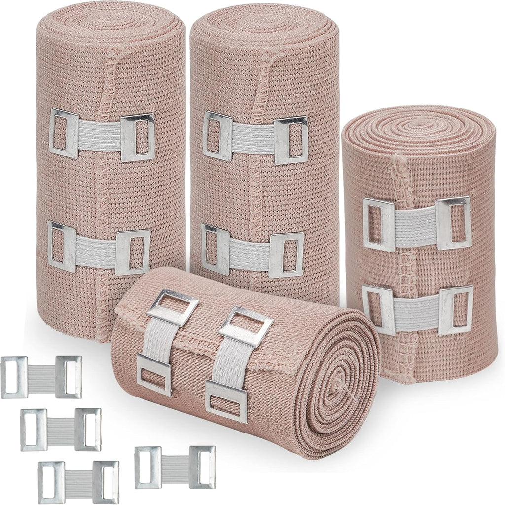 D&H Medical Elastic Bandage Wrap – 4 Pack Premium Compression Bandage Rolls + 4 Extra Clips | 2 Rolls of Each Size (4 Inch x 5 Feet & 3 Inch x 5 Feet), Elastic Bandage for Wrist, Calf, Ankle & Foot