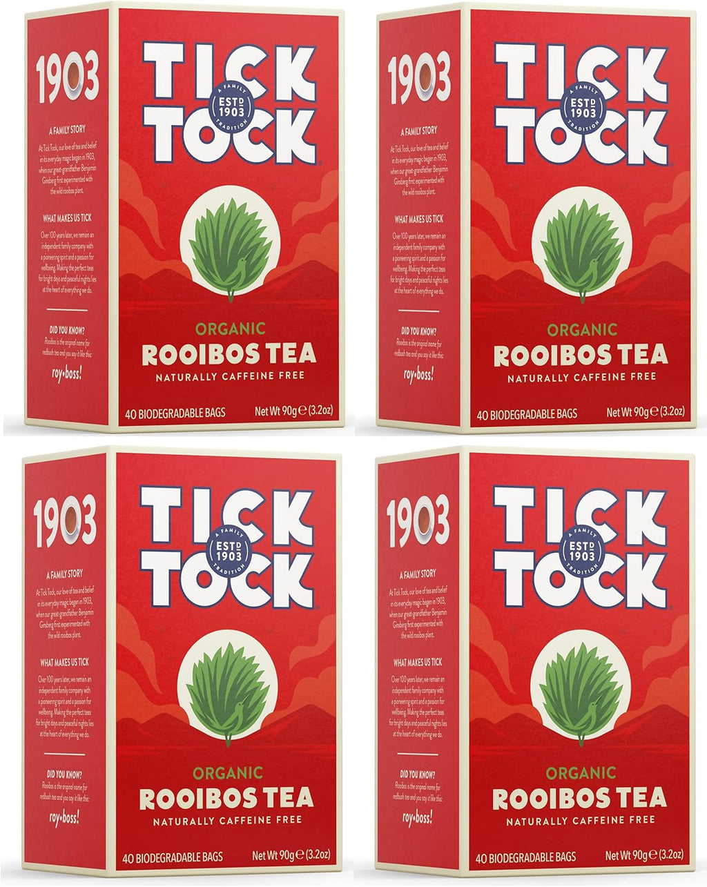 TICK TOCK TEAS Organic Rooibos Tea Bags - Naturally Caffeine Free Red Bush Herbal Tea from South Africa | Smooth & Rich Flavor, Low Tannin, Enjoy Hot or Iced with Milk, Lemon, or Honey - 40 Count (4 Pack)