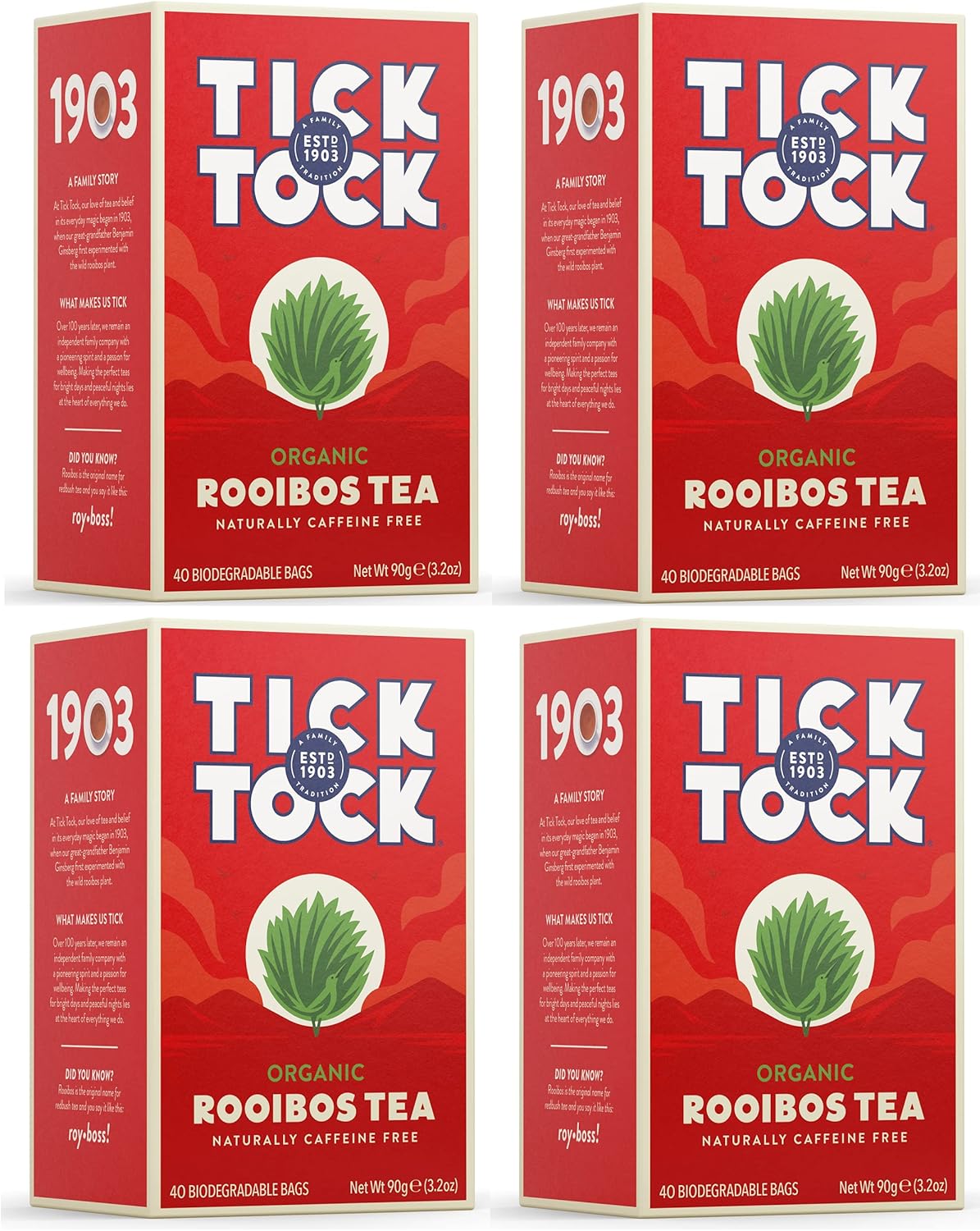 TICK TOCK TEAS Organic Rooibos Tea Bags - Naturally Caffeine Free Red Bush Herbal Tea from South Africa | Smooth & Rich Flavor, Low Tannin, Enjoy Hot or Iced with Milk, Lemon, or Honey - 40 Count (4 Pack)
