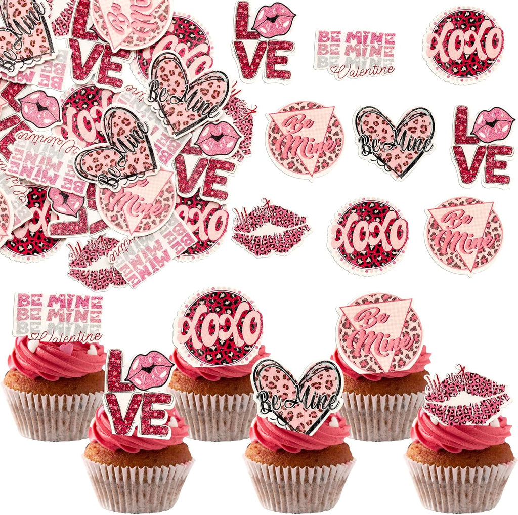 Gyufise 48Pcs Edible Valentine's Day Heart Love Cupcake Toppers Wafer Paper Leopard Be Mine Lipstick XOXO Cupcake Picks Decorations for Valentine's Day Birthday Anniversary Party Supplies