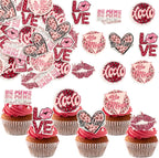 Gyufise 48Pcs Edible Valentine's Day Heart Love Cupcake Toppers Wafer Paper Leopard Be Mine Lipstick XOXO Cupcake Picks Decorations for Valentine's Day Birthday Anniversary Party Supplies