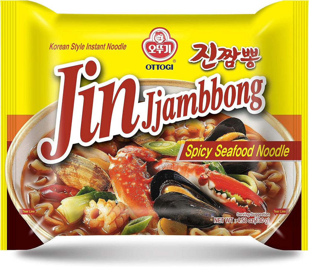 OTTOGI JIN Jjambbong Korean Instant Ramen – Spicy Seafood Noodles, Red Broth, 4.58 oz (Pack of 8)