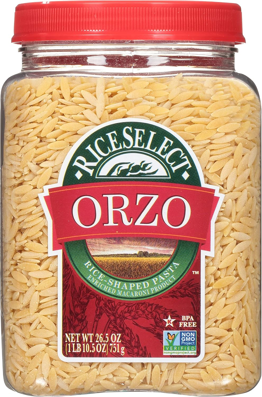 RiceSelect Orzo Rice-Shaped Pasta, Premium Non-GMO Orzo Pasta, 26.5-Ounce Jar