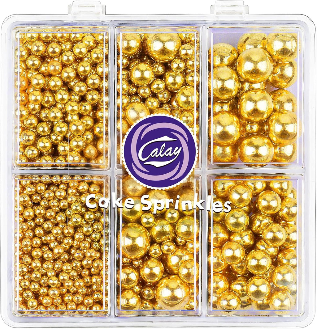 Sprinkles for Cake Decorating, 4 Sizes 4.76oz Gold Pearl Sugar Sprinkles with Nonpareils for Cake Cupcake Cookie Baking Dessert Donuts Topping