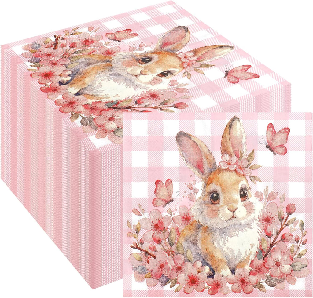 Easter Napkins, 50 Pcs Easter Bunny Paper Napkins, Pink Spring Floral Cocktail Napkin Disposable Luncheon Decorative Dinner Hand Decaupage Napkin for Easters Spring Birthday Party Supplies Decorations