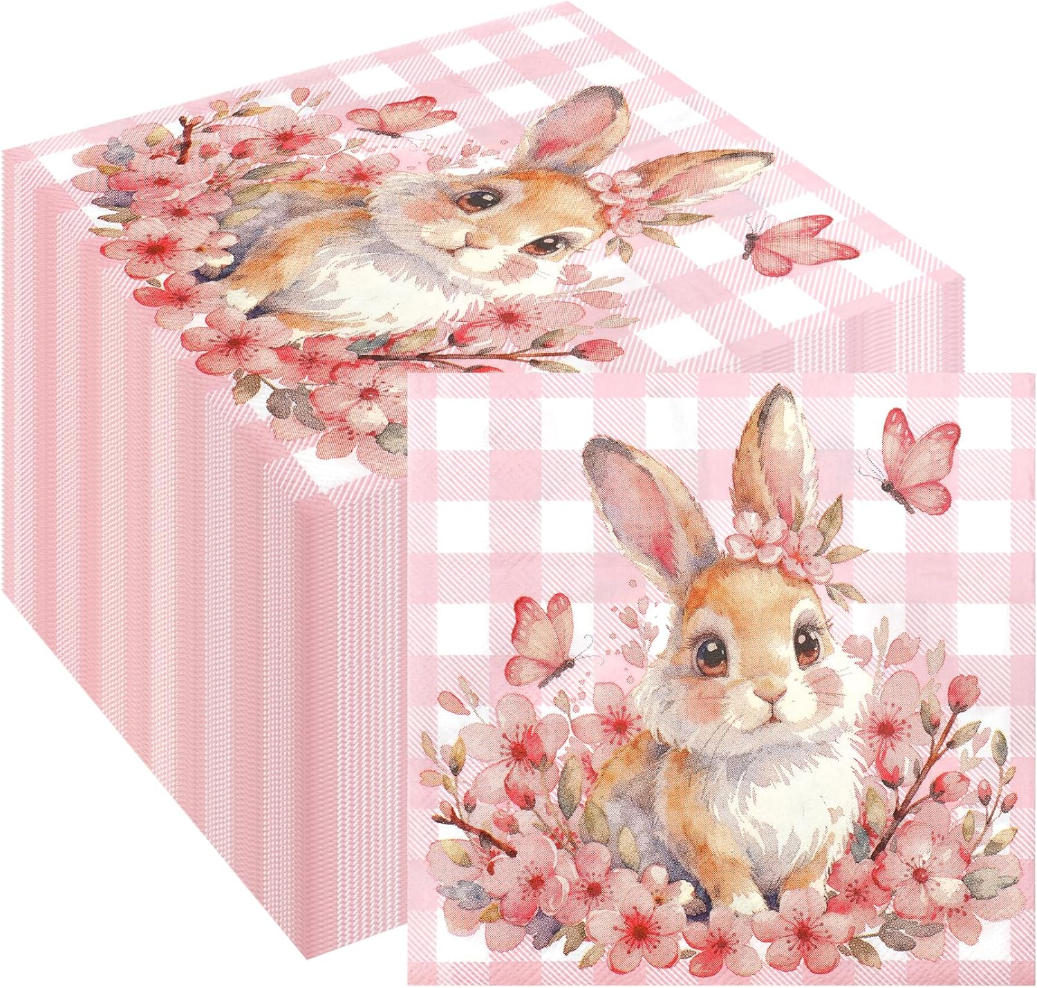 Easter Napkins, 50 Pcs Easter Bunny Paper Napkins, Pink Spring Floral Cocktail Napkin Disposable Luncheon Decorative Dinner Hand Decaupage Napkin for Easters Spring Birthday Party Supplies Decorations