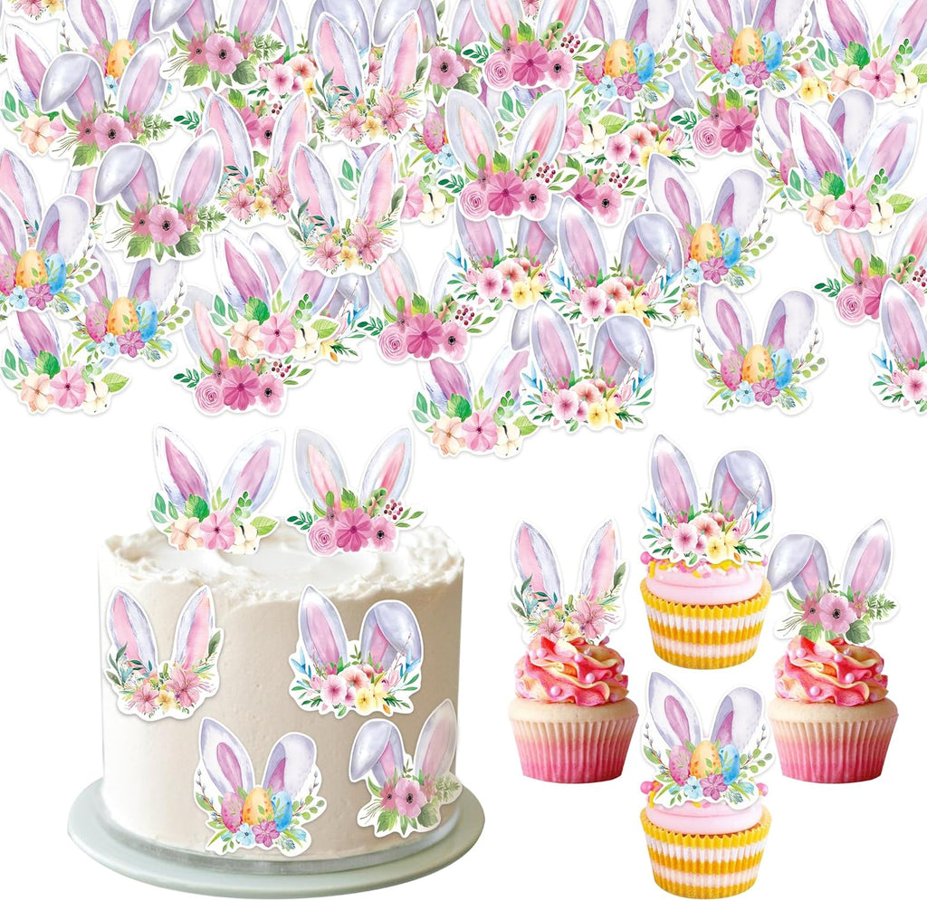 42Pcs Edible Easter Bunny Ear Cupcake Toppers Wafer Paper Happy Easter Cake Picks Easter Theme Birthday Party Spring Kids Cake Decorations