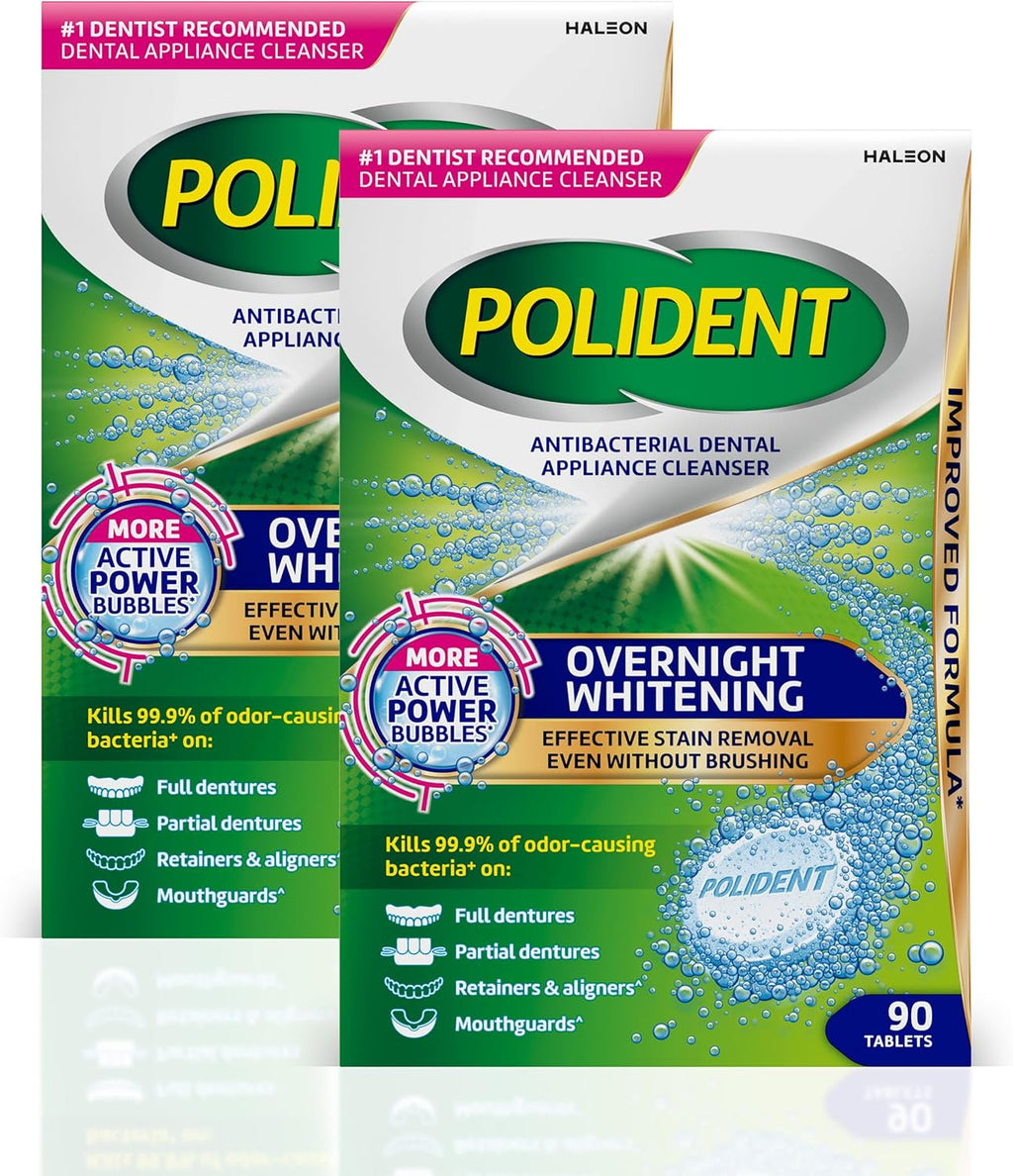 Polident Overnight Whitening Antibacterial Dental Appliance Cleanser Tablets, Mouthguard Cleaning Tablets, 90 Count (2 Pack)