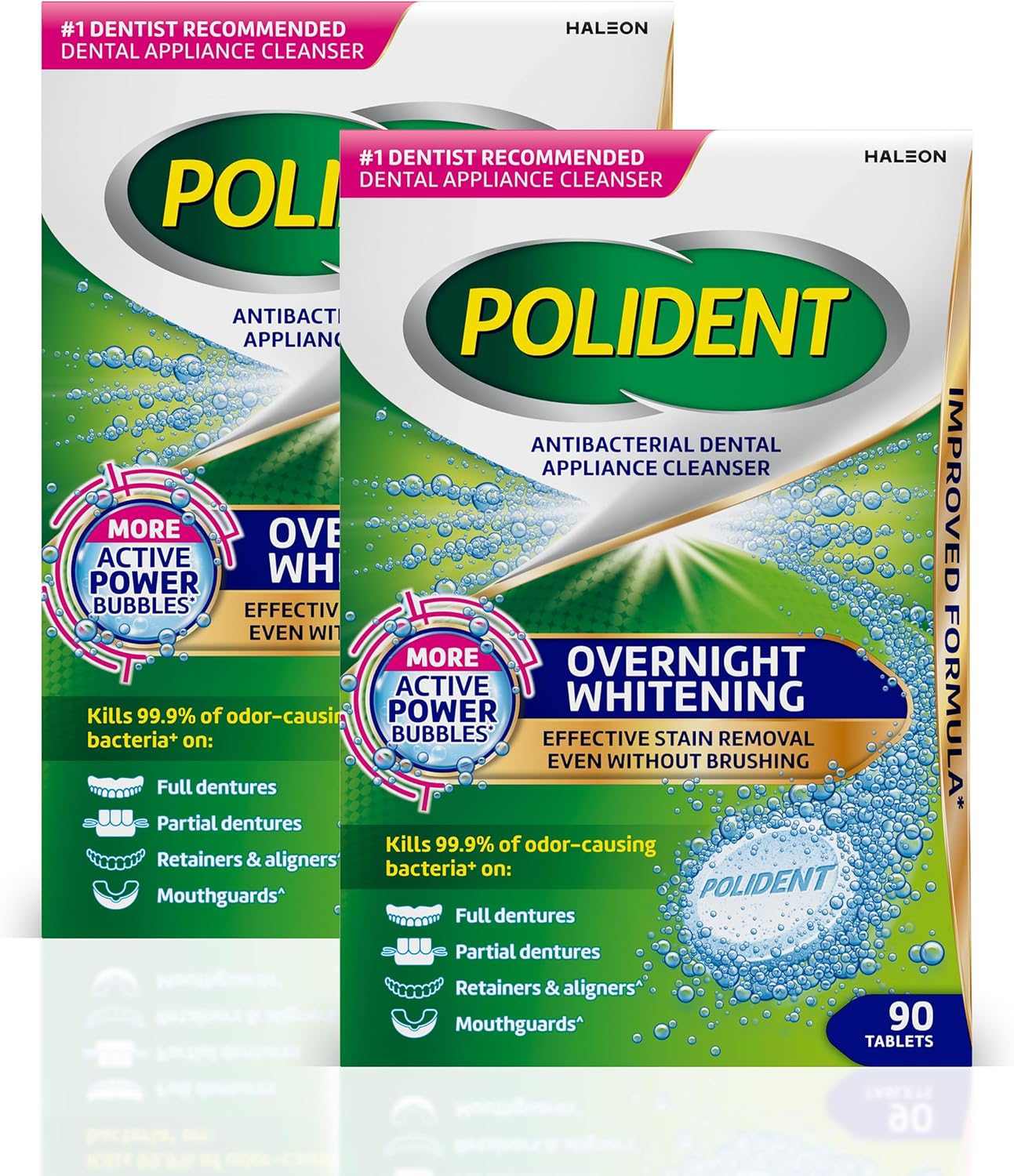 Polident Overnight Whitening Antibacterial Dental Appliance Cleanser Tablets, Mouthguard Cleaning Tablets, 90 Count (2 Pack)