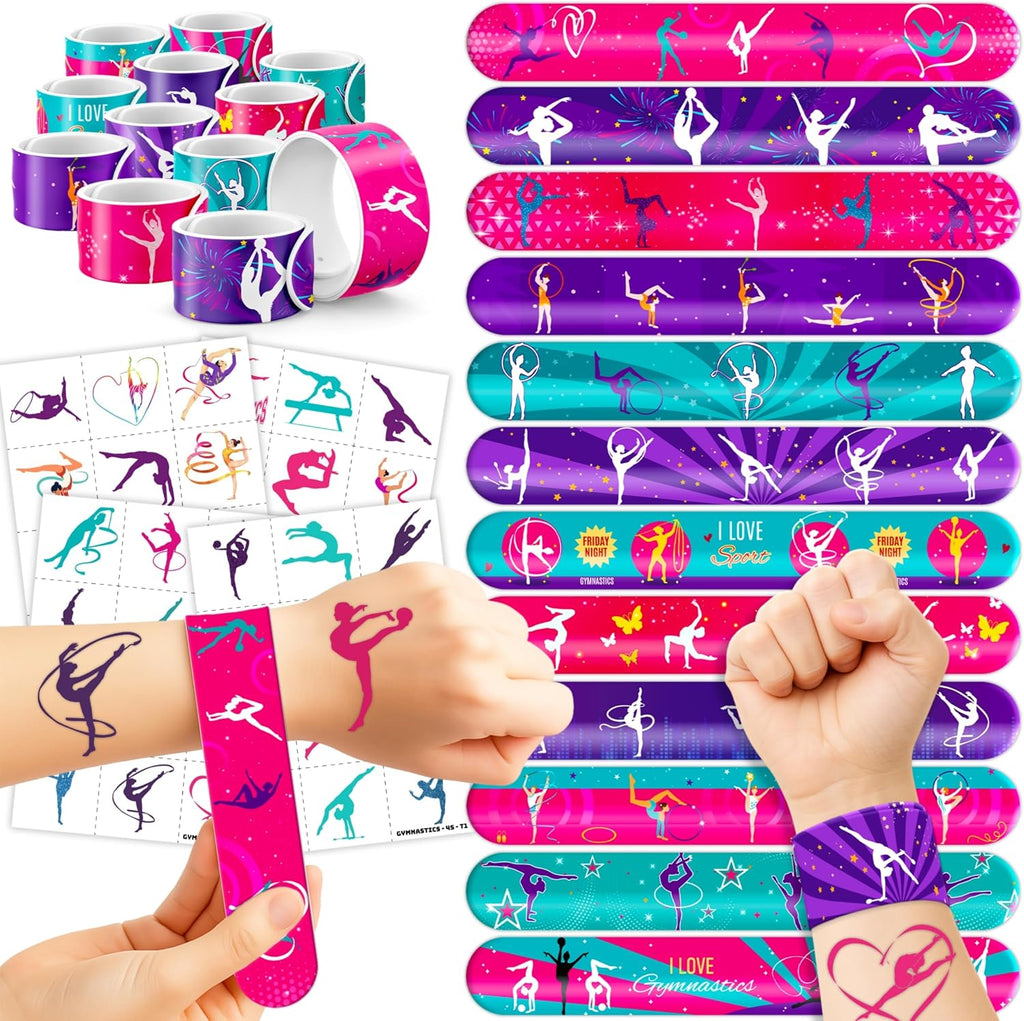 72PCS Gymnastics Party Favors - 48 Tattoos & 24 Slap Bracelets, Perfect for Gymnastics-Themed Birthdays, School Prizes, and Christmas Rewards for Kids