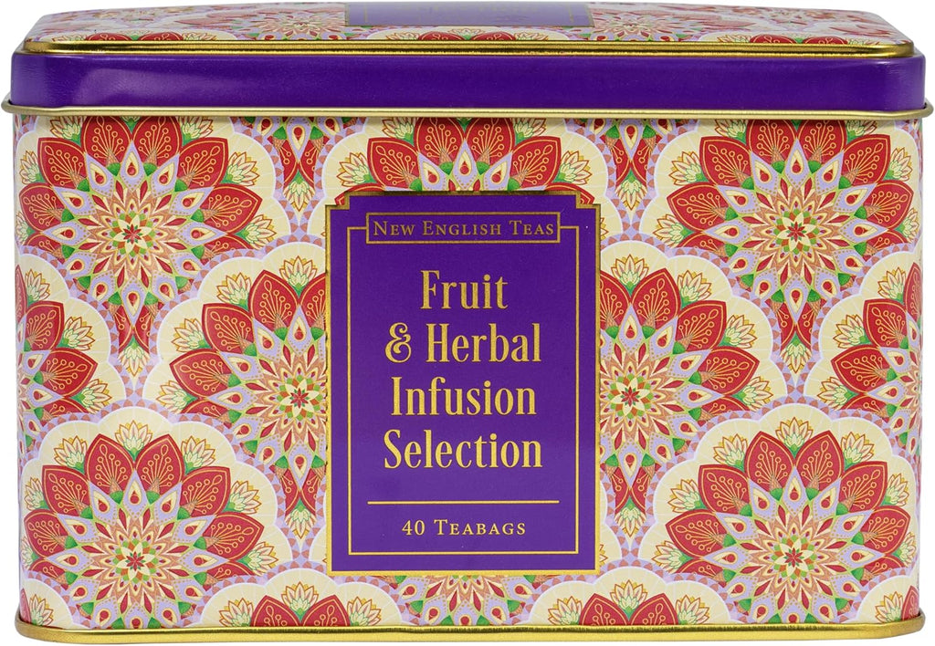 New English Teas Fruit & Herbal Tea Selection Gift Set – 40 Individually Wrapped Caffeine-Free Tea Bags in Decorative Floral Tin – Variety Pack including Peppermint, Berry, & Camomile