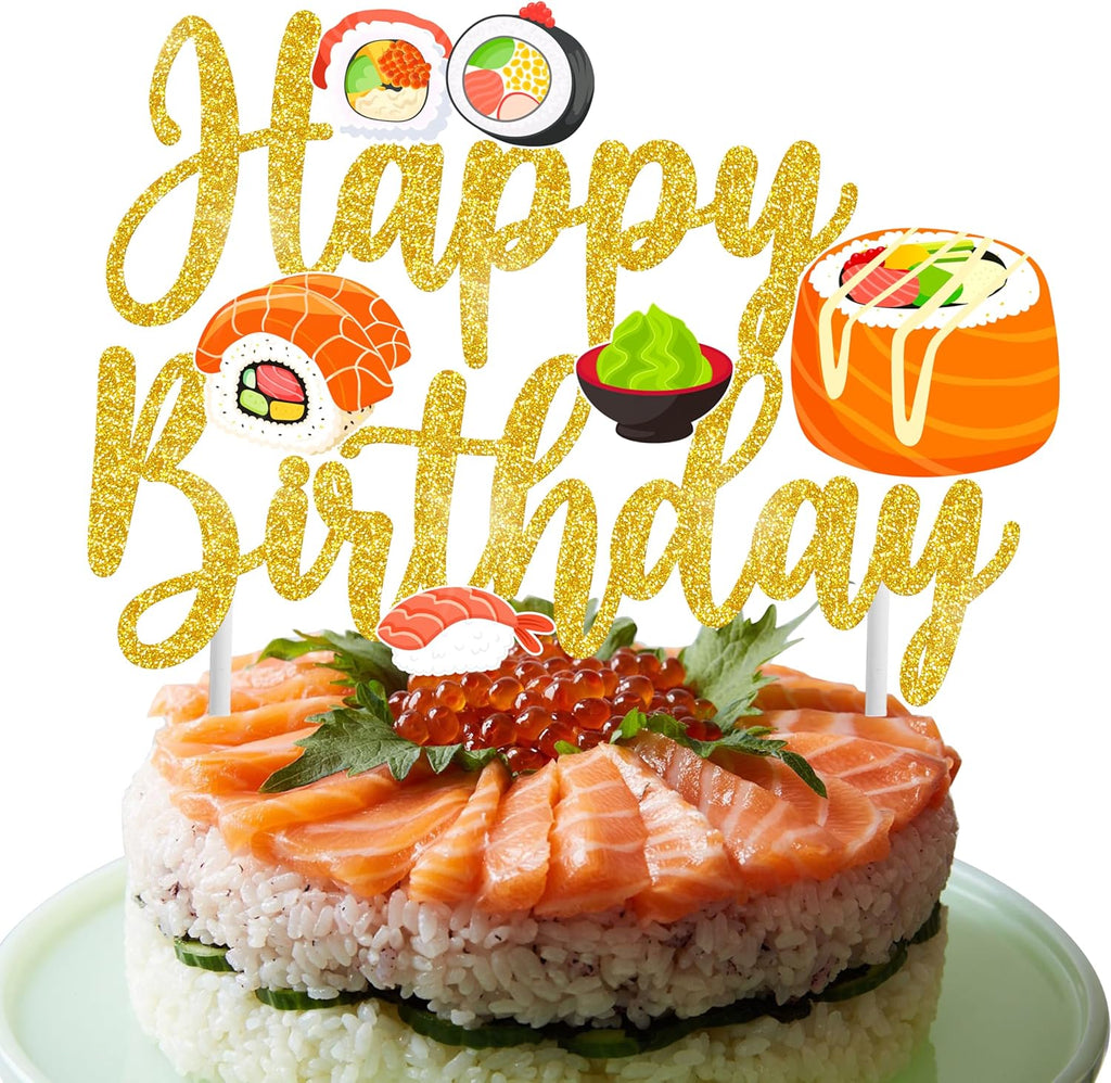 Glittery Gold Sushi Birthday Cake Topper - 'Let's Roll' Sushi Party Decoration for Japanese Themed Events